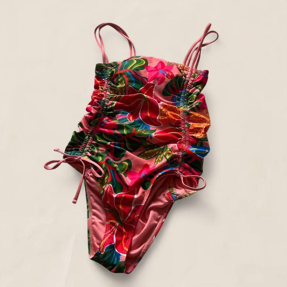 Pink lily ruched side maximalist boho floral one piece swimsuit | small